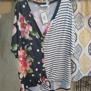 Short sleeve floral and charcoal striped top